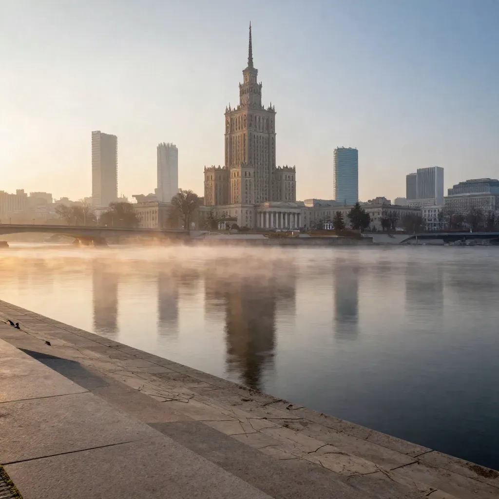 Warszawa nad Wisłą o świcie, spowite mgłą, z kamiennym nabrzeżem na pierwszym planie.